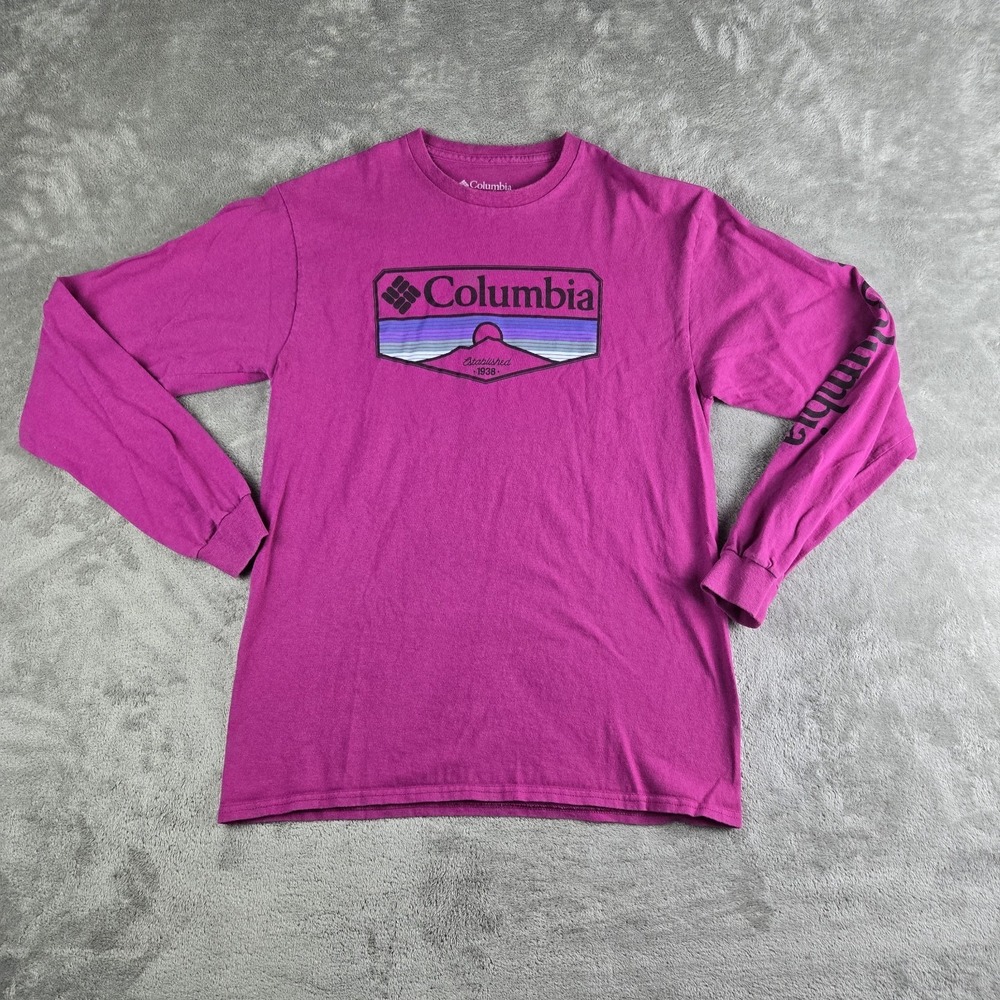 Columbia Shirt Mens Medium Pink Logo Spellout Long Sleeve Crew Neck Tee Pullover